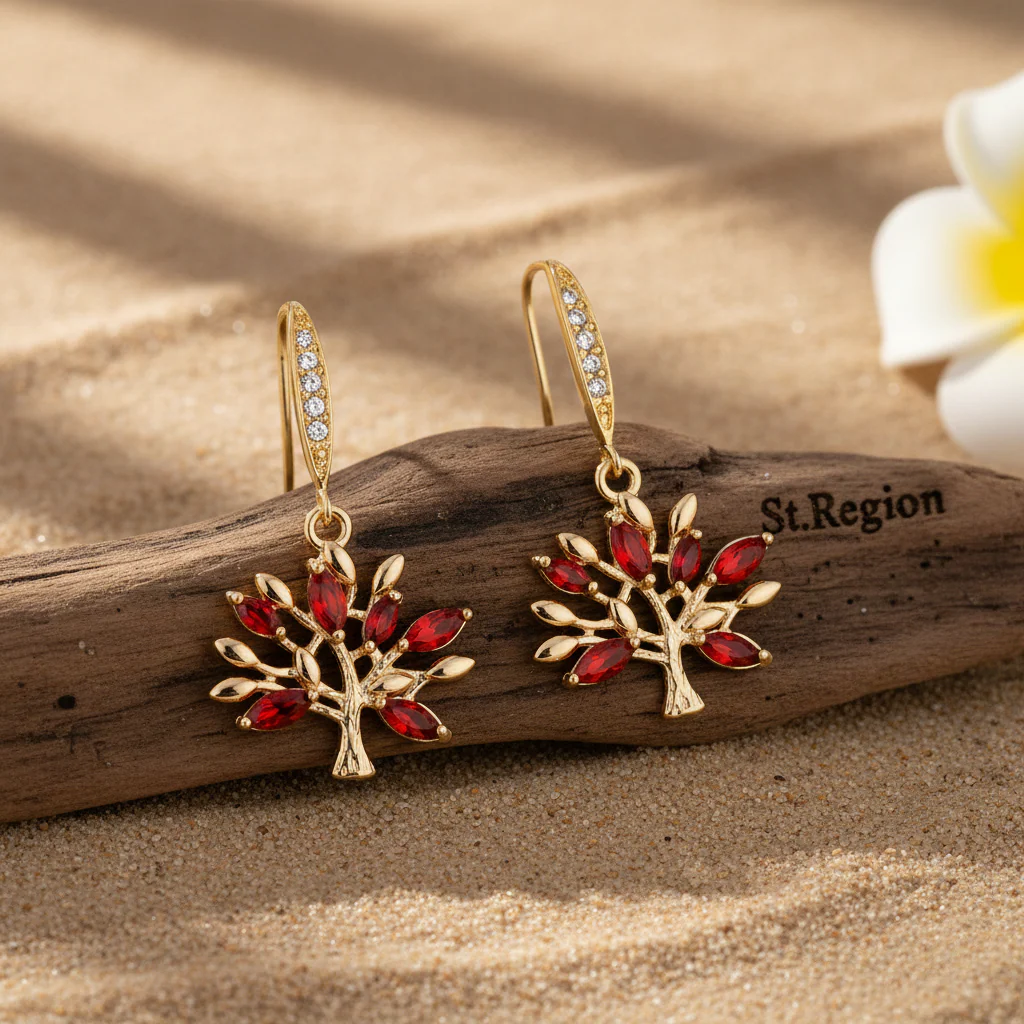 Red Crystal & Cubic Zirconia Goldtone Tree Hook Earrings - Image 2