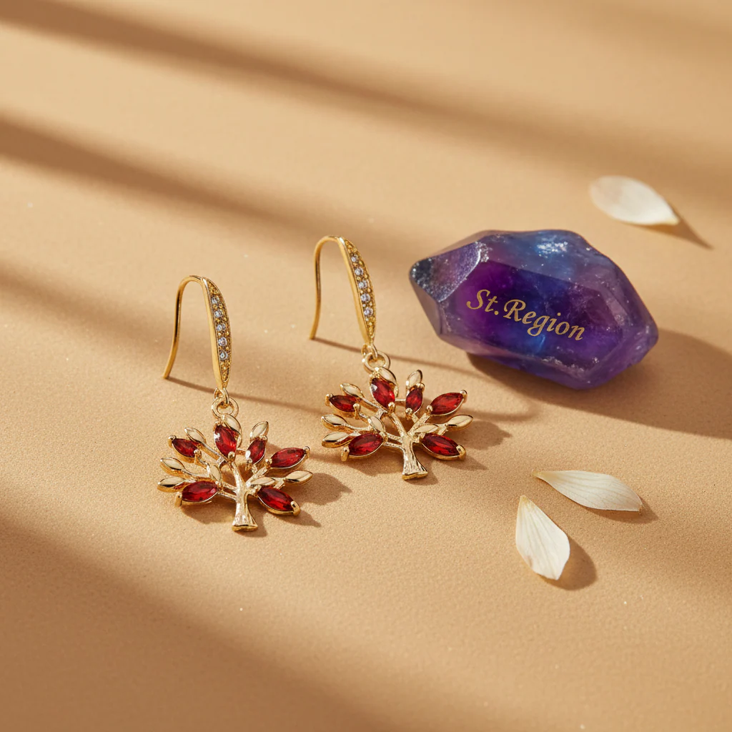 Red Crystal & Cubic Zirconia Goldtone Tree Hook Earrings - Image 3