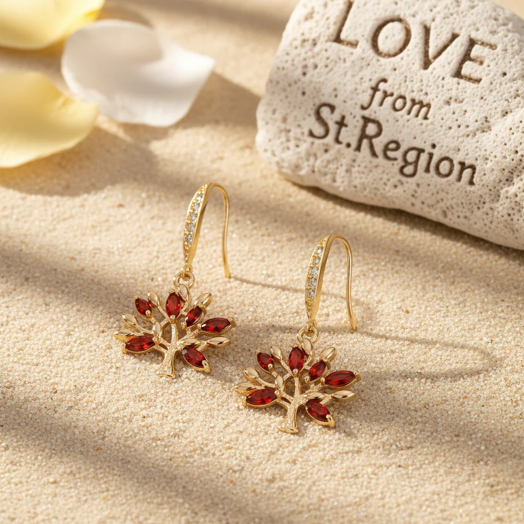 Red Crystal & Cubic Zirconia Goldtone Tree Hook Earrings - Image 4