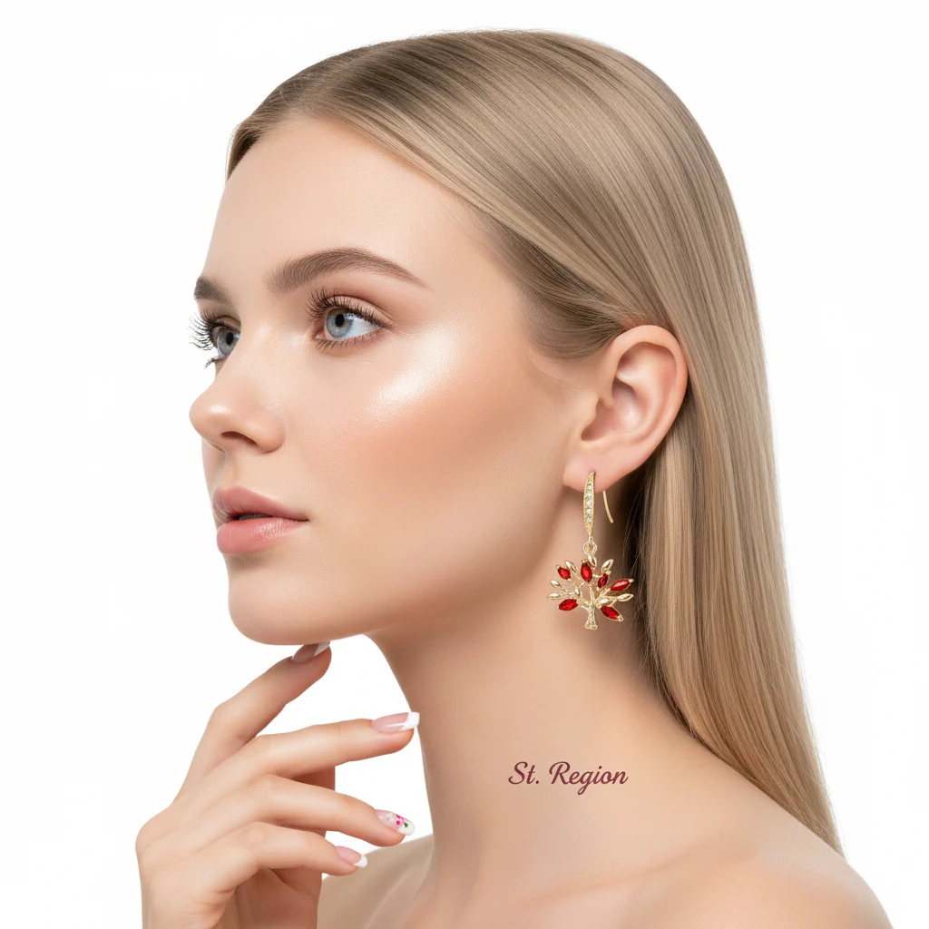 Red Crystal & Cubic Zirconia Goldtone Tree Hook Earrings - Image 5