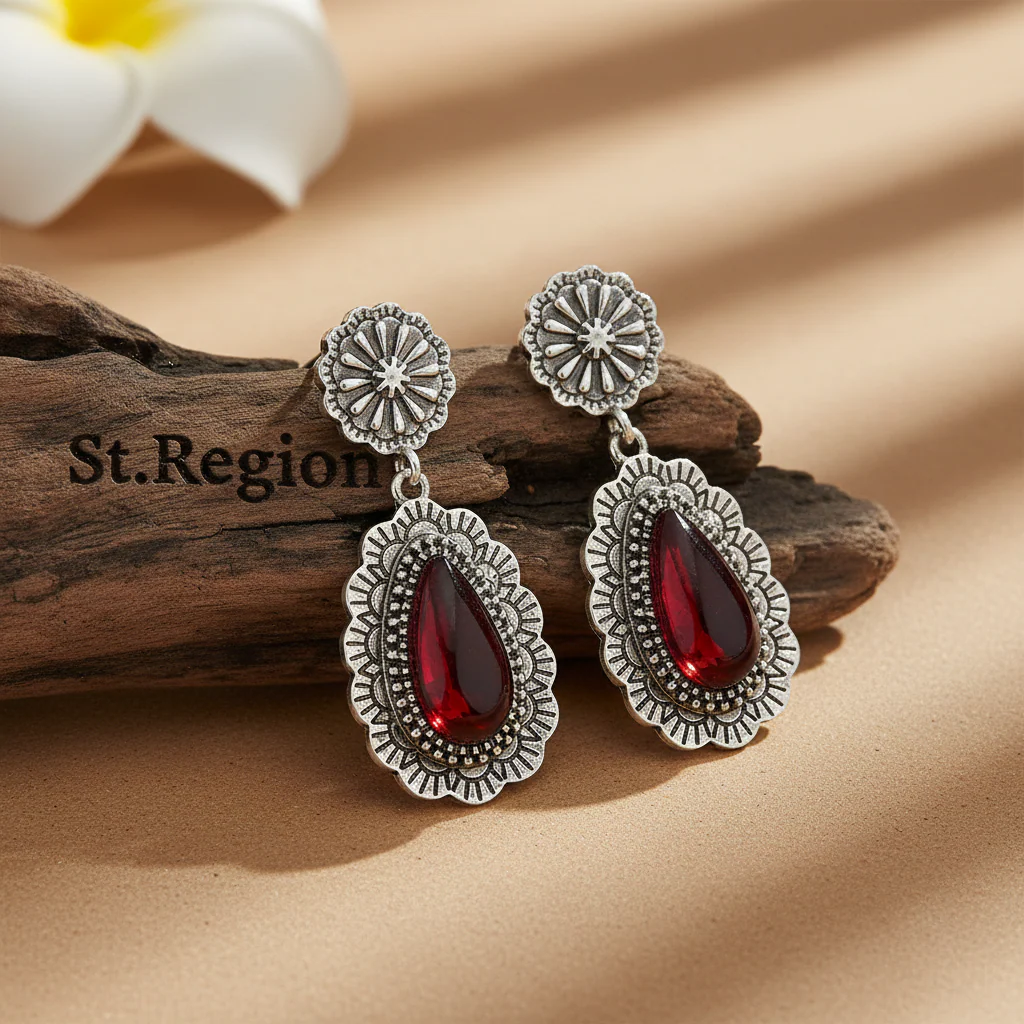 Red Resin & Silvertone Flower Drop Earrings - Image 2