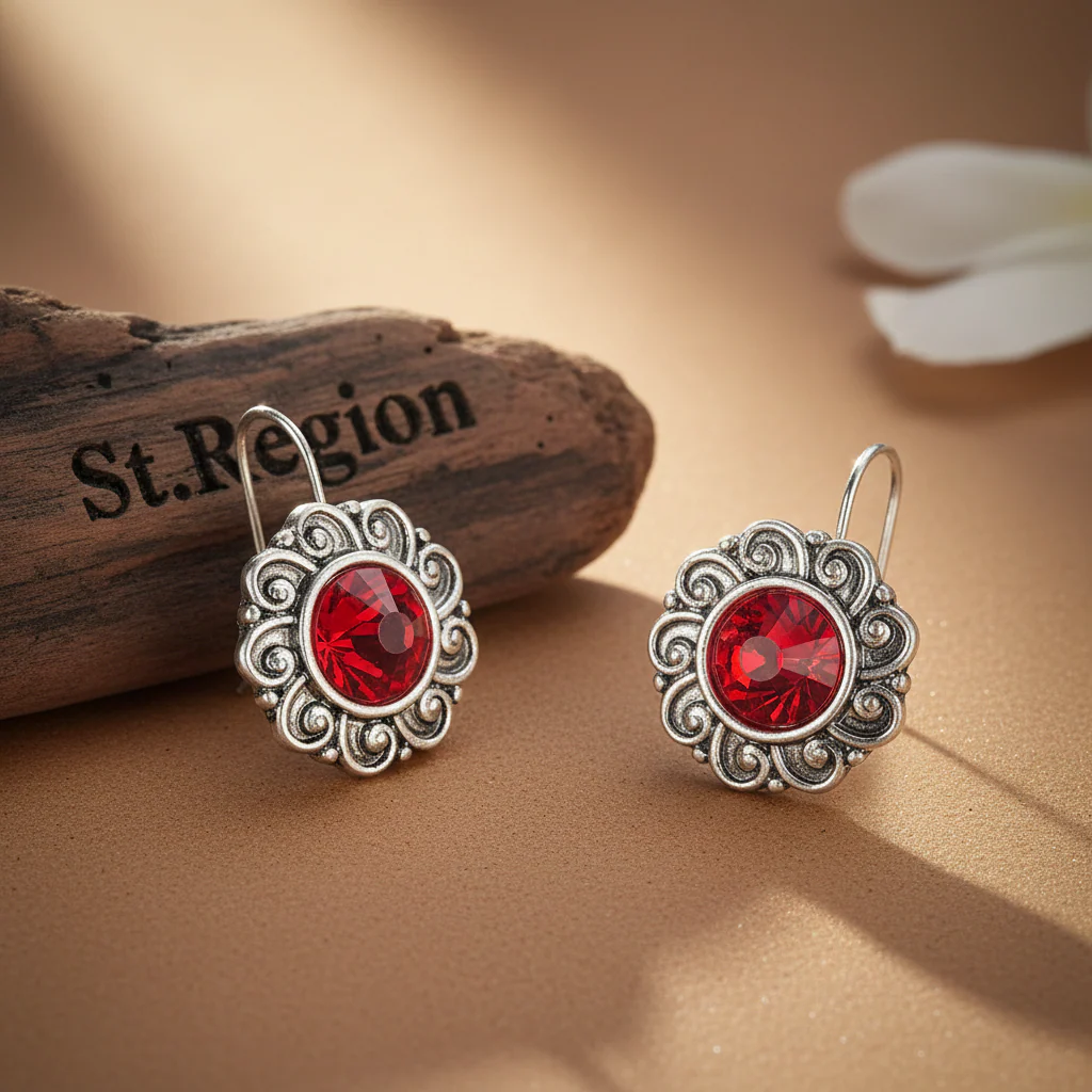Red Crystal & Silvertone Flower Round Earrings - Image 2