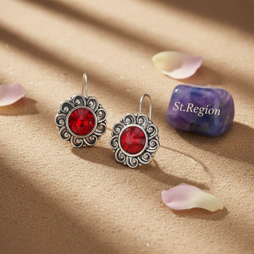 Red Crystal & Silvertone Flower Round Earrings - Image 3