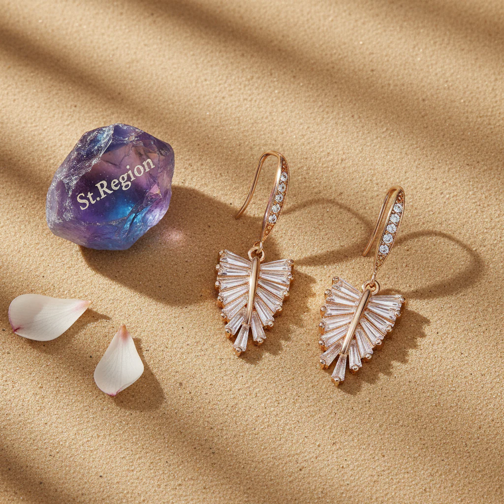 Cubic Zirconia & Goldtone Leaf Hook Earrings - Image 3