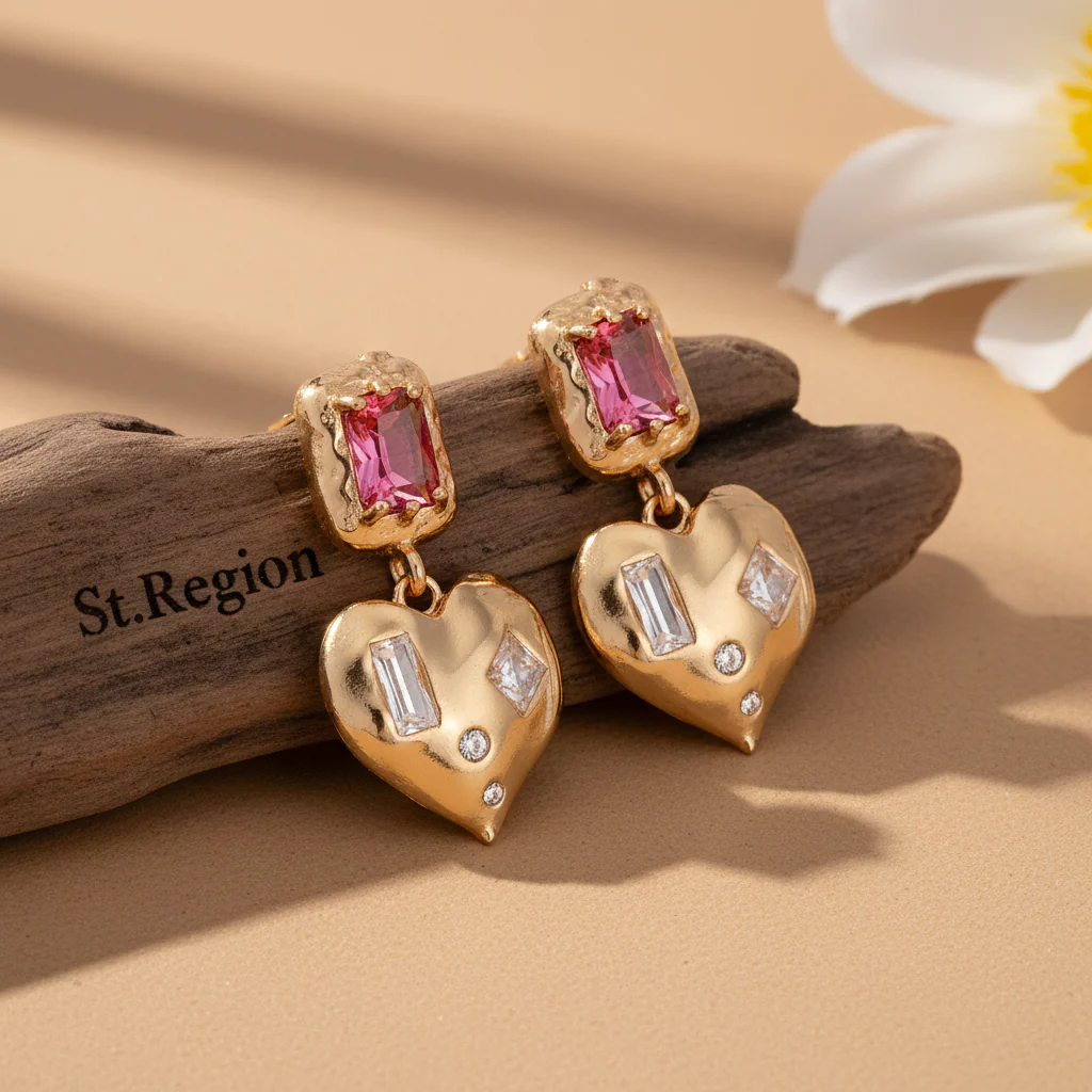 Pink Crystal & Cubic Zirconia Goldtone Heart Dangle Earrings - Image 2