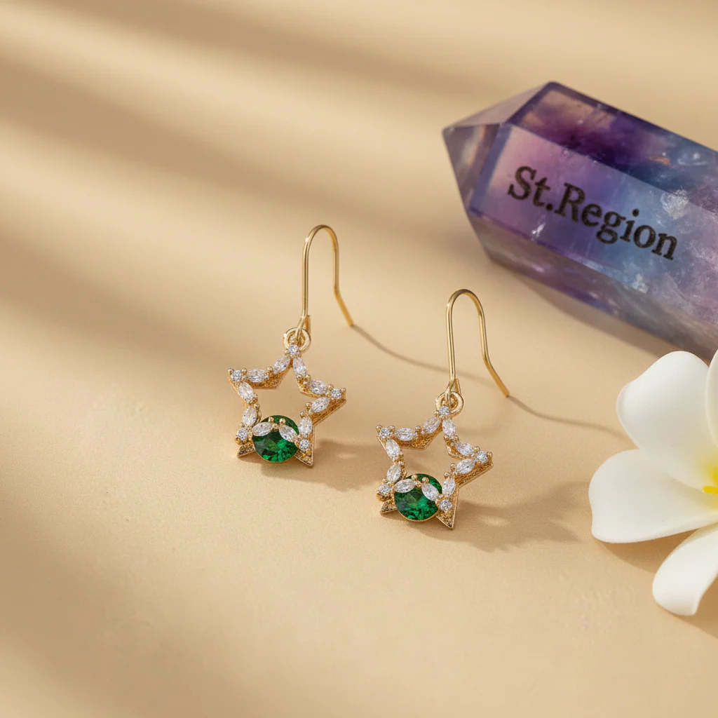 Green Crystal & Cubic Zirconia Goldtone Stacked Star Hook Earrings - Image 3