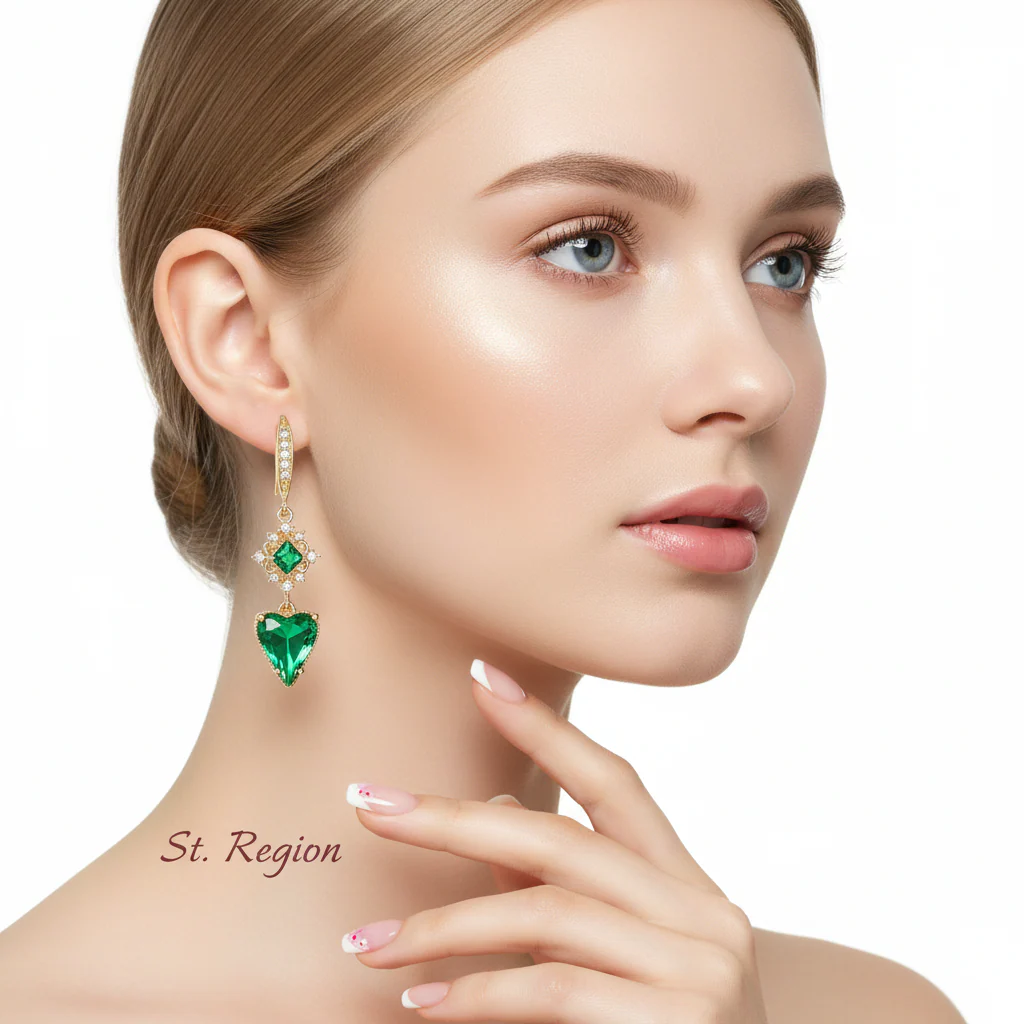 Green Crystal & Cubic Zirconia Goldtone Rhombus Heart Hook Earrings - Image 5