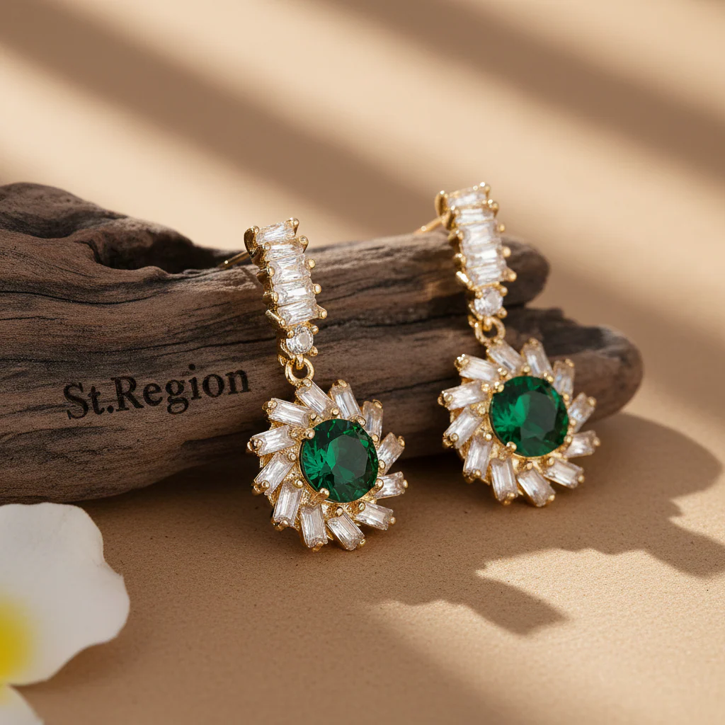 Green Crystal & Cubic Zirconia Goldtone Flower Dangle Earrings - Image 2