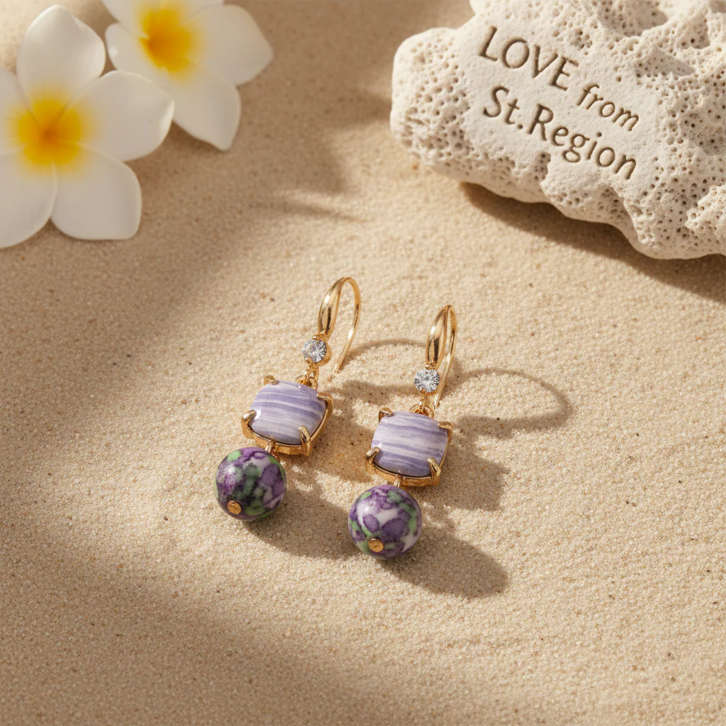 Purple Resin & Cubic Zirconia Goldtone Cushion Ball Hook Earrings - Image 4