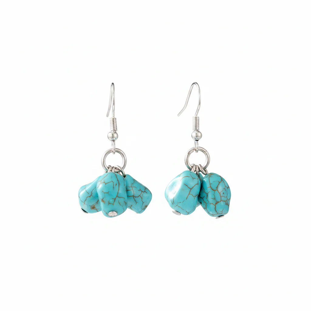 Turqouise & Silvertone Cube Cluster Hook Earrings