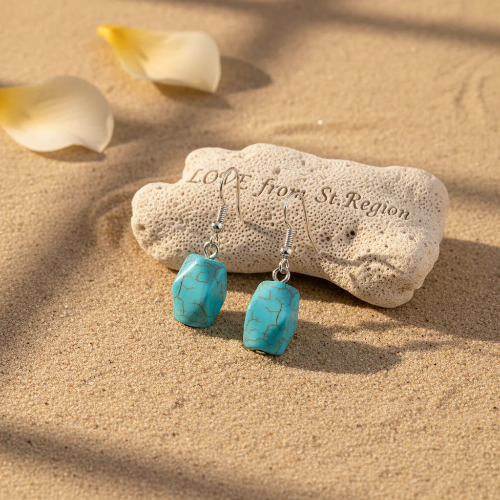 Turqouise & Silvertone Diomand-Cut Cuboid Hook Earrings - Image 4
