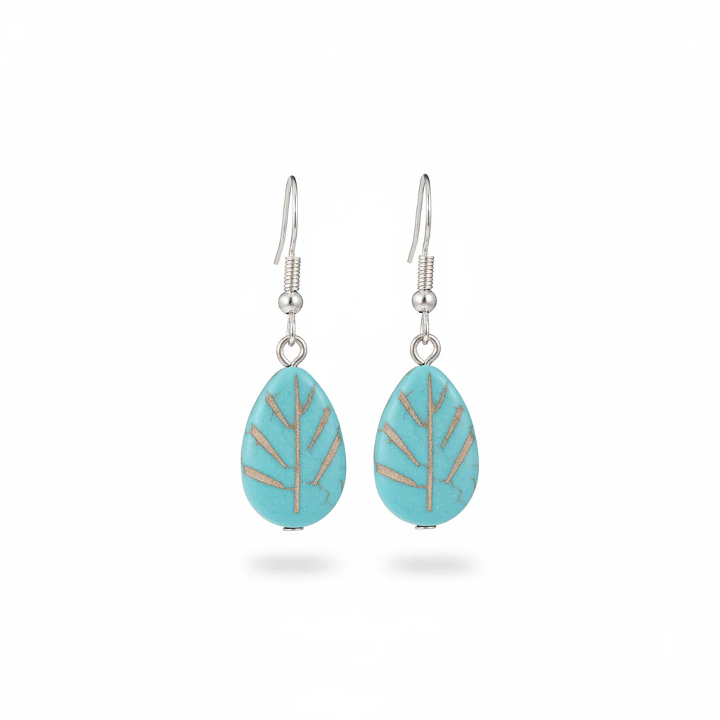 Turqouise & Silvertone Drop-Shape Leaf Hook Earrings