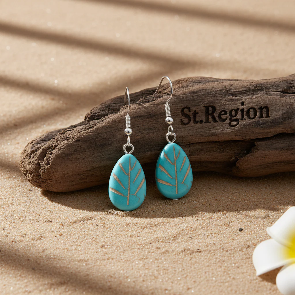 Turqouise & Silvertone Drop-Shape Leaf Hook Earrings - Image 2