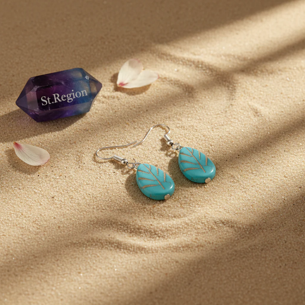 Turqouise & Silvertone Drop-Shape Leaf Hook Earrings - Image 3