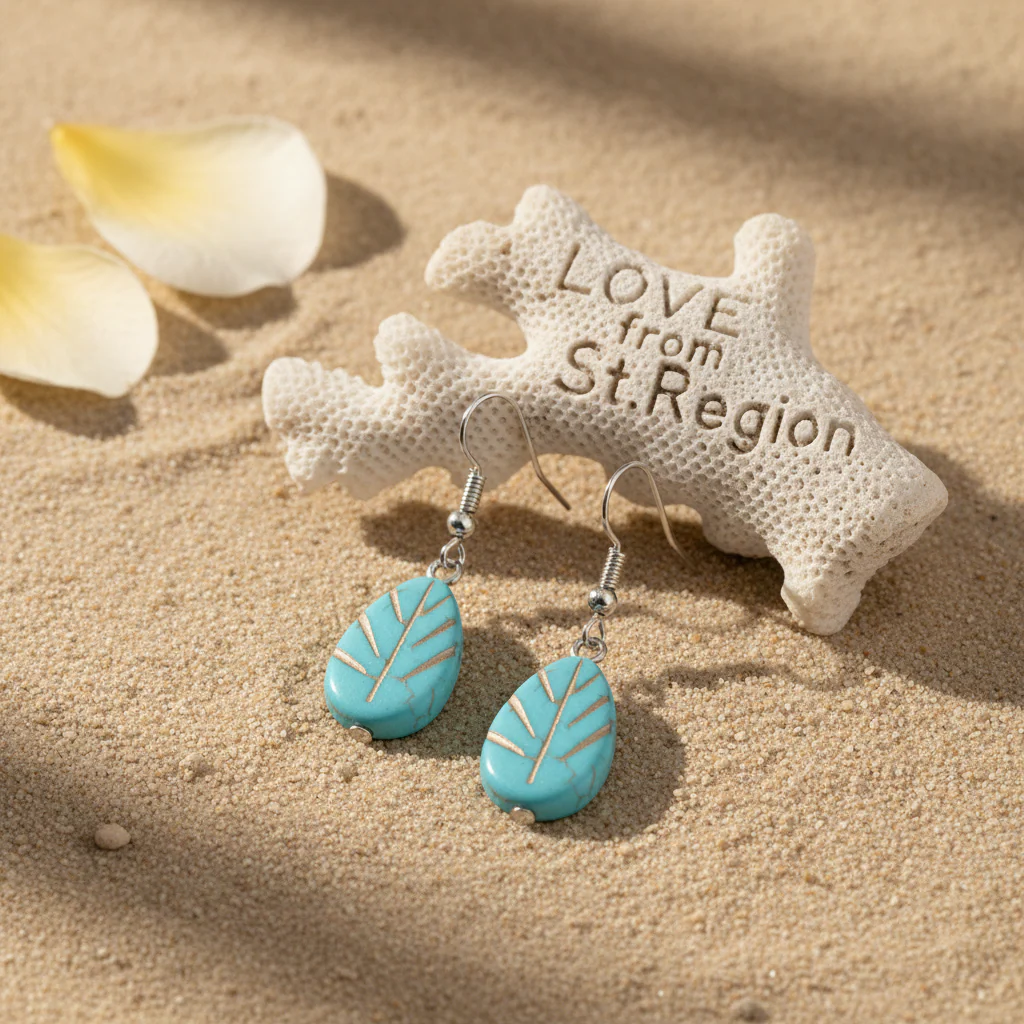 Turqouise & Silvertone Drop-Shape Leaf Hook Earrings - Image 4