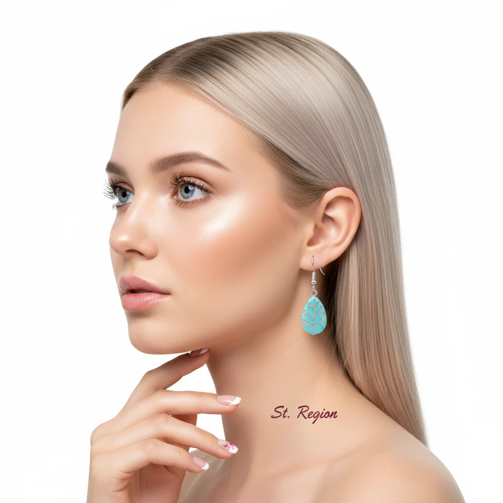 Turqouise & Silvertone Drop-Shape Leaf Hook Earrings - Image 5