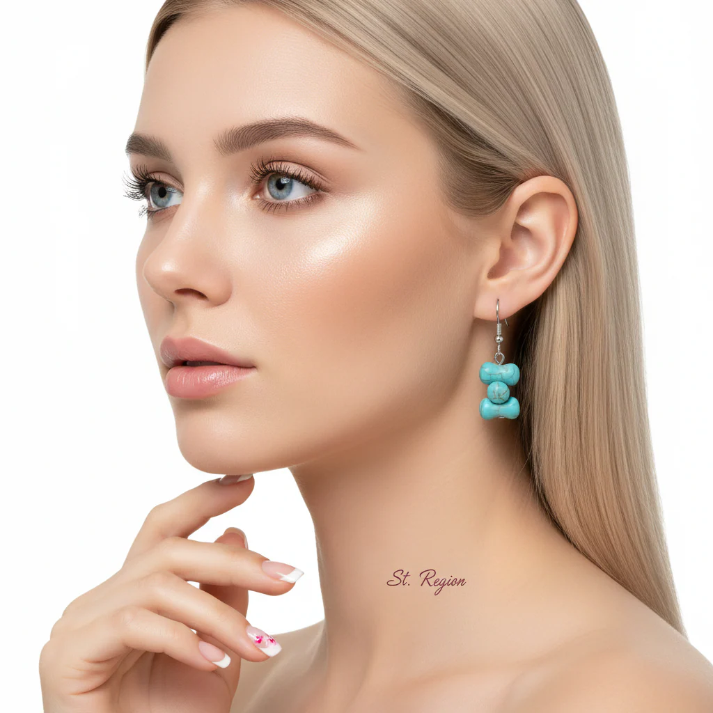 Turqouise & Silvertone Bone-Shape Stone Hook Earrings - Image 5
