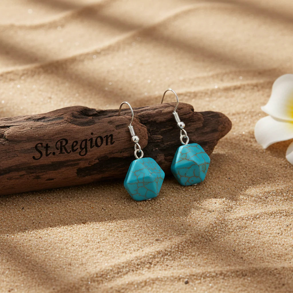Turqouise & Silvertone Diomand-Cut Stone Hook Earrings - Image 2