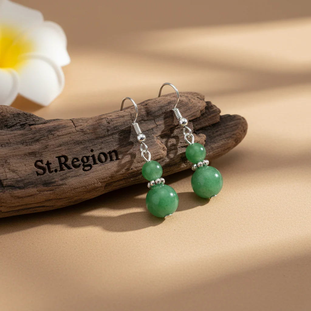 Green Jade & Silvertone ‌Gourd‌-Shape Hook Earrings - Image 2