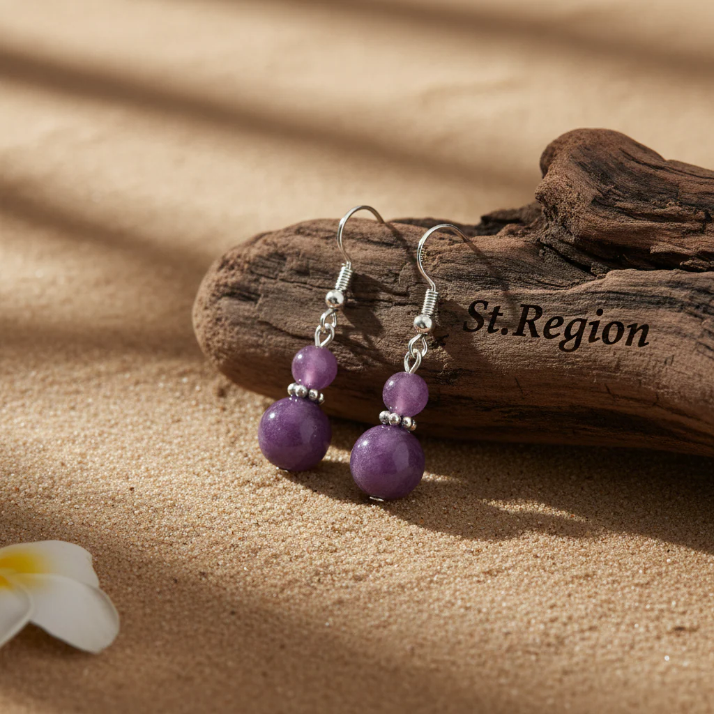Purple Jade & Silvertone ‌Gourd‌-Shape Hook Earrings - Image 2