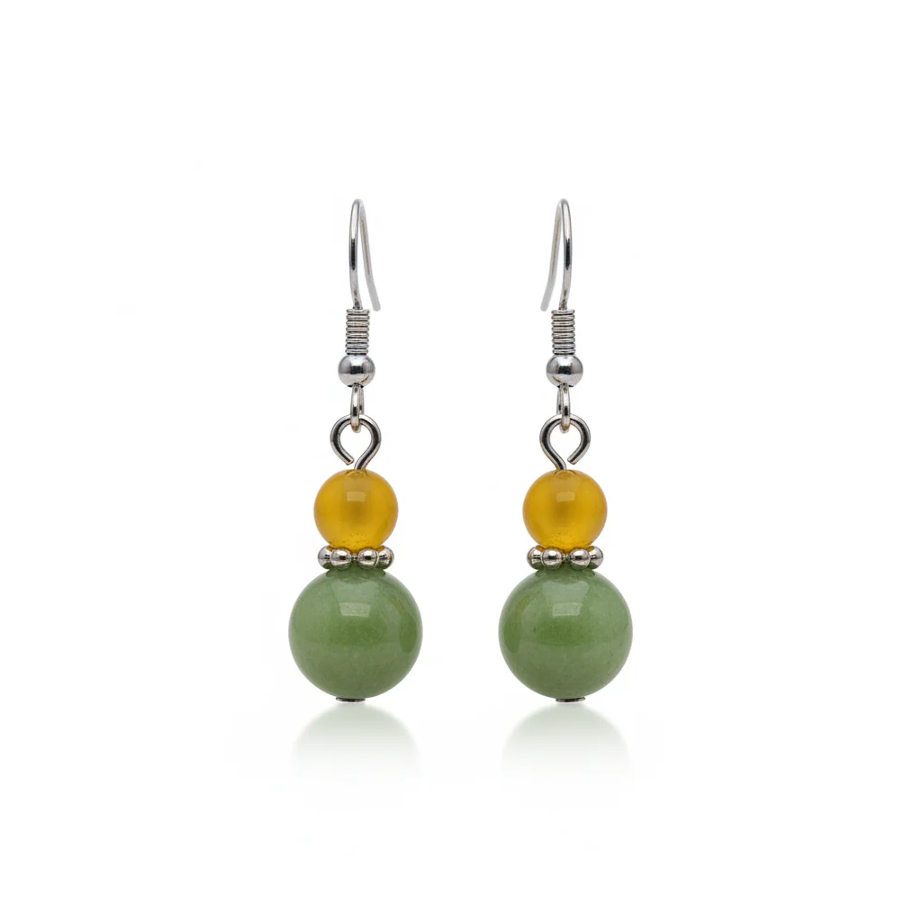 Yellow & Green Jade Silvertone ‌Gourd‌-Shape Hook Earrings
