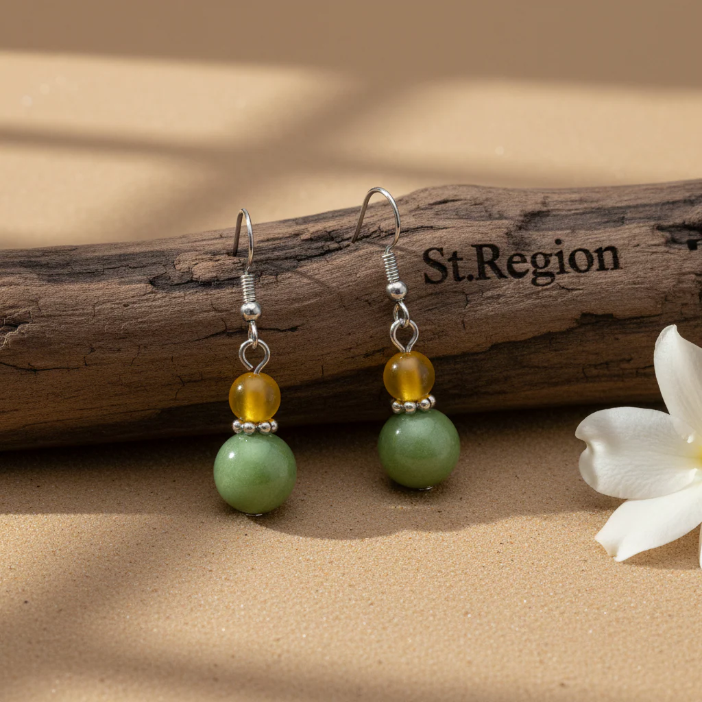Yellow & Green Jade Silvertone ‌Gourd‌-Shape Hook Earrings - Image 2