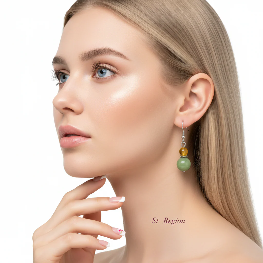Yellow & Green Jade Silvertone ‌Gourd‌-Shape Hook Earrings - Image 5