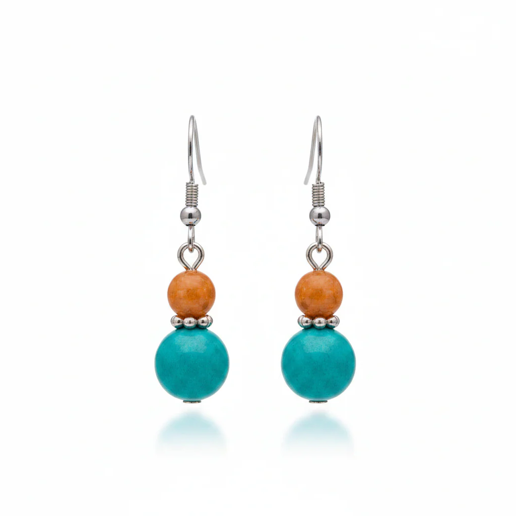 Orange & Blue Jade Silvertone ‌Gourd‌-Shape Hook Earrings