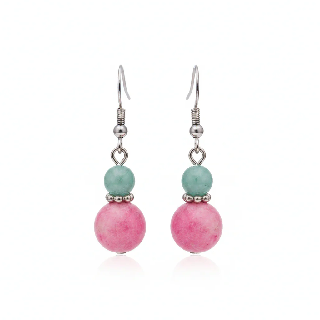 Pink Jade & Silvertone ‌Gourd‌-Shape Hook Earrings