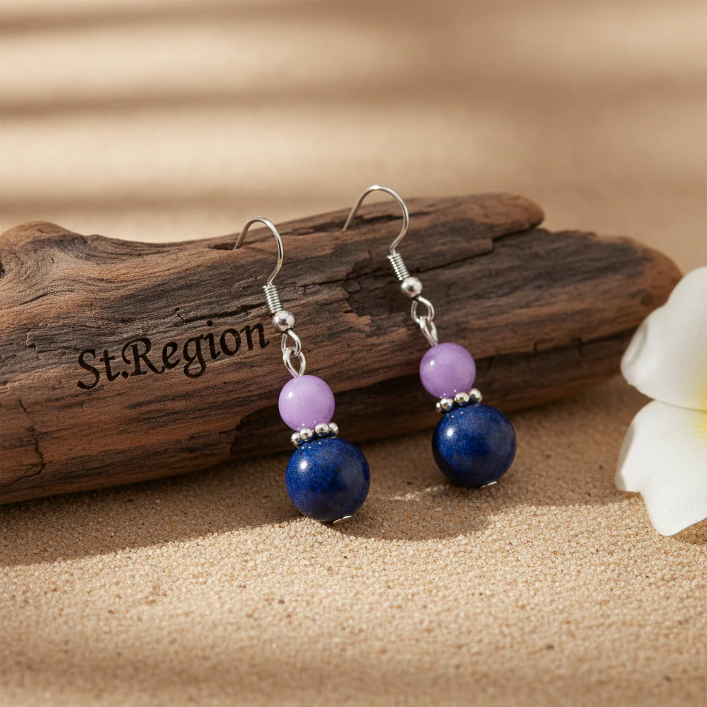 Purple & Cyan Jade Silvertone ‌Gourd‌-Shape Hook Earrings - Image 2