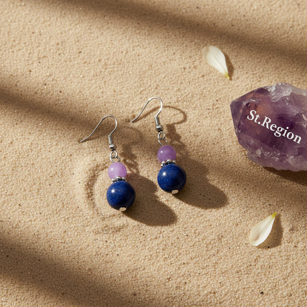 Purple & Cyan Jade Silvertone ‌Gourd‌-Shape Hook Earrings - Image 3
