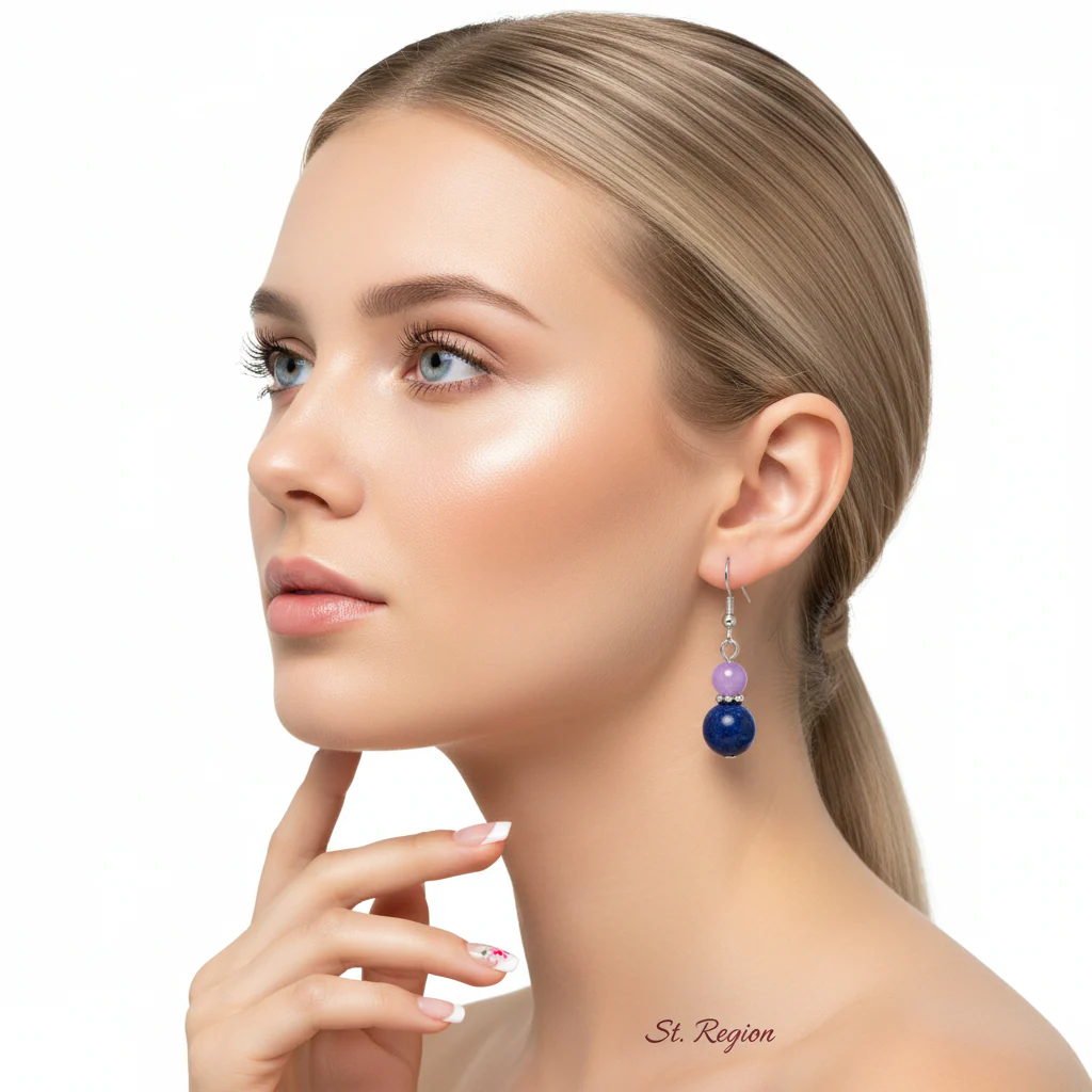 Purple & Cyan Jade Silvertone ‌Gourd‌-Shape Hook Earrings - Image 5