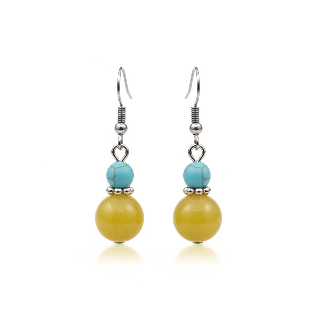 Yellow Jade & Turqouise Silvertone ‌Gourd‌-Shape Hook Earrings