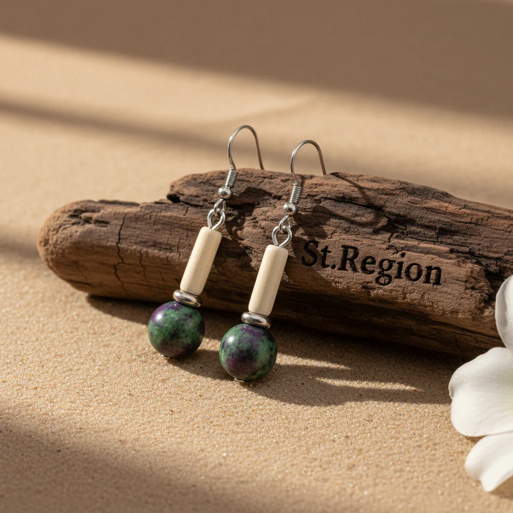Green Jade & Silvertone Cylinder Ball Hook Earrings - Image 2