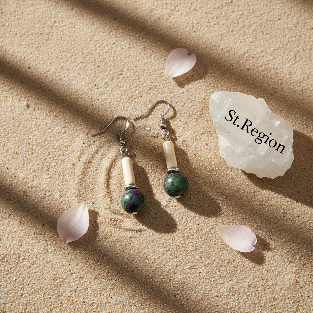 Green Jade & Silvertone Cylinder Ball Hook Earrings - Image 3