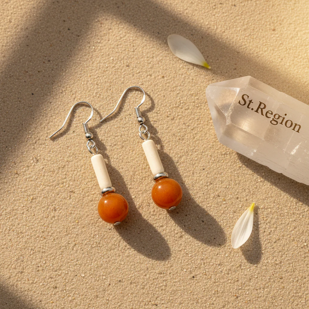 Orange Jade & Silvertone Cylinder Ball Hook Earrings - Image 3