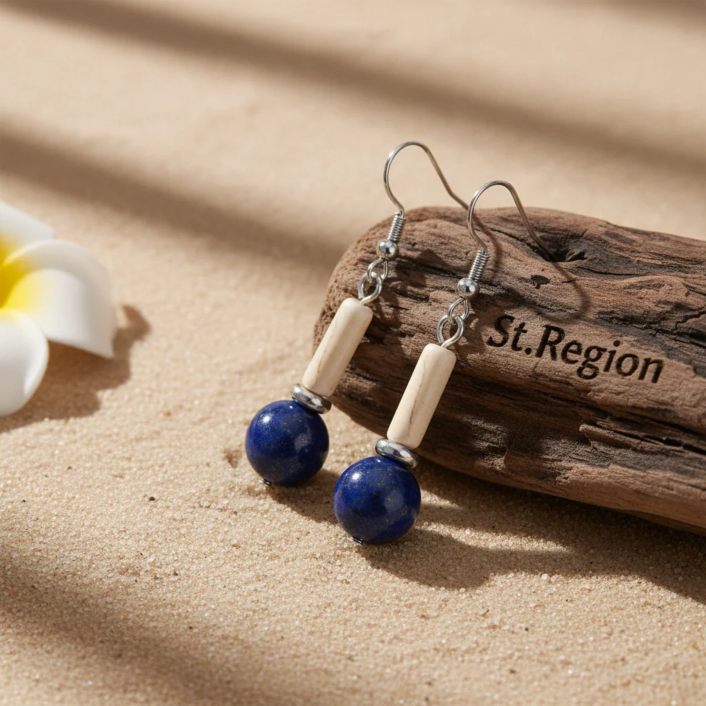 Jade & Lapis Silvertone Cylinder Ball Hook Earrings - Image 2