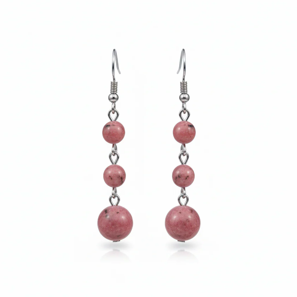 Red Jade & Silvertone Tiered Ball Hook Earrings