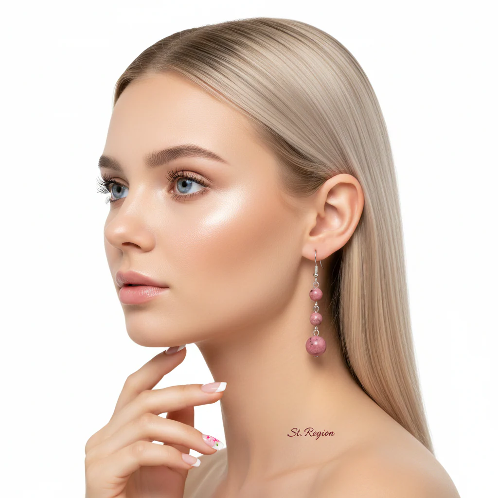 Red Jade & Silvertone Tiered Ball Hook Earrings - Image 4