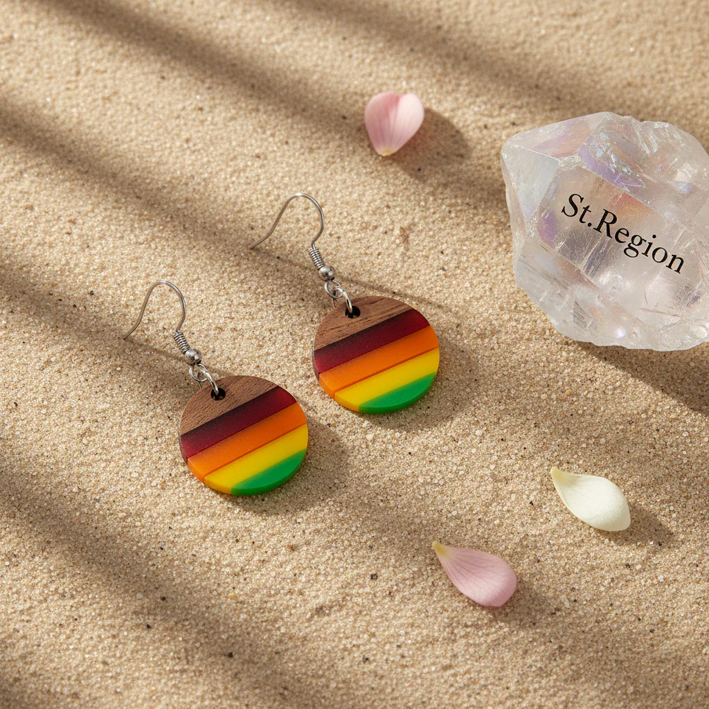 Multi-Colored Resin & Wood Silvertone Stripped Round Hook Earrings - Image 3