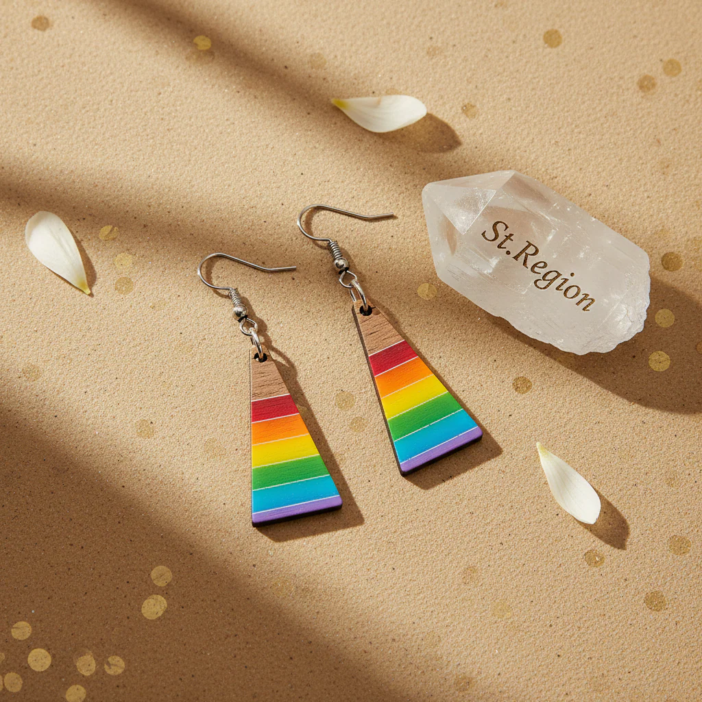 Multi-Colored Resin & Wood Silvertone Stripped Triangle Hook Earrings - Image 3