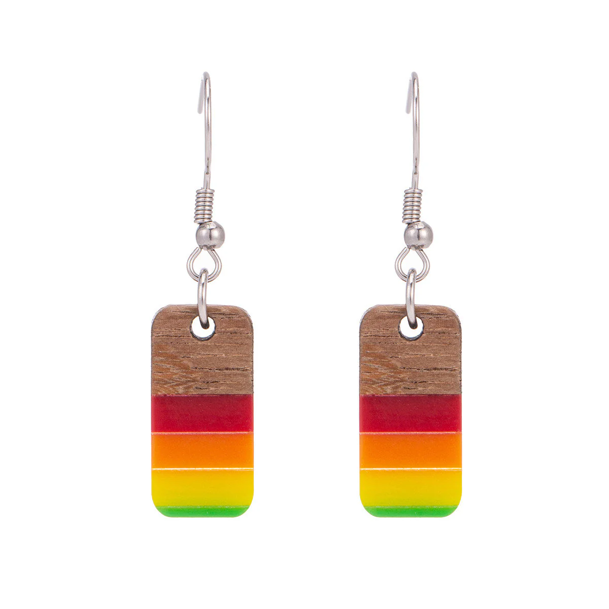 Multi-Colored Resin & Wood Silvertone Stripped Rectangle Hook Earrings