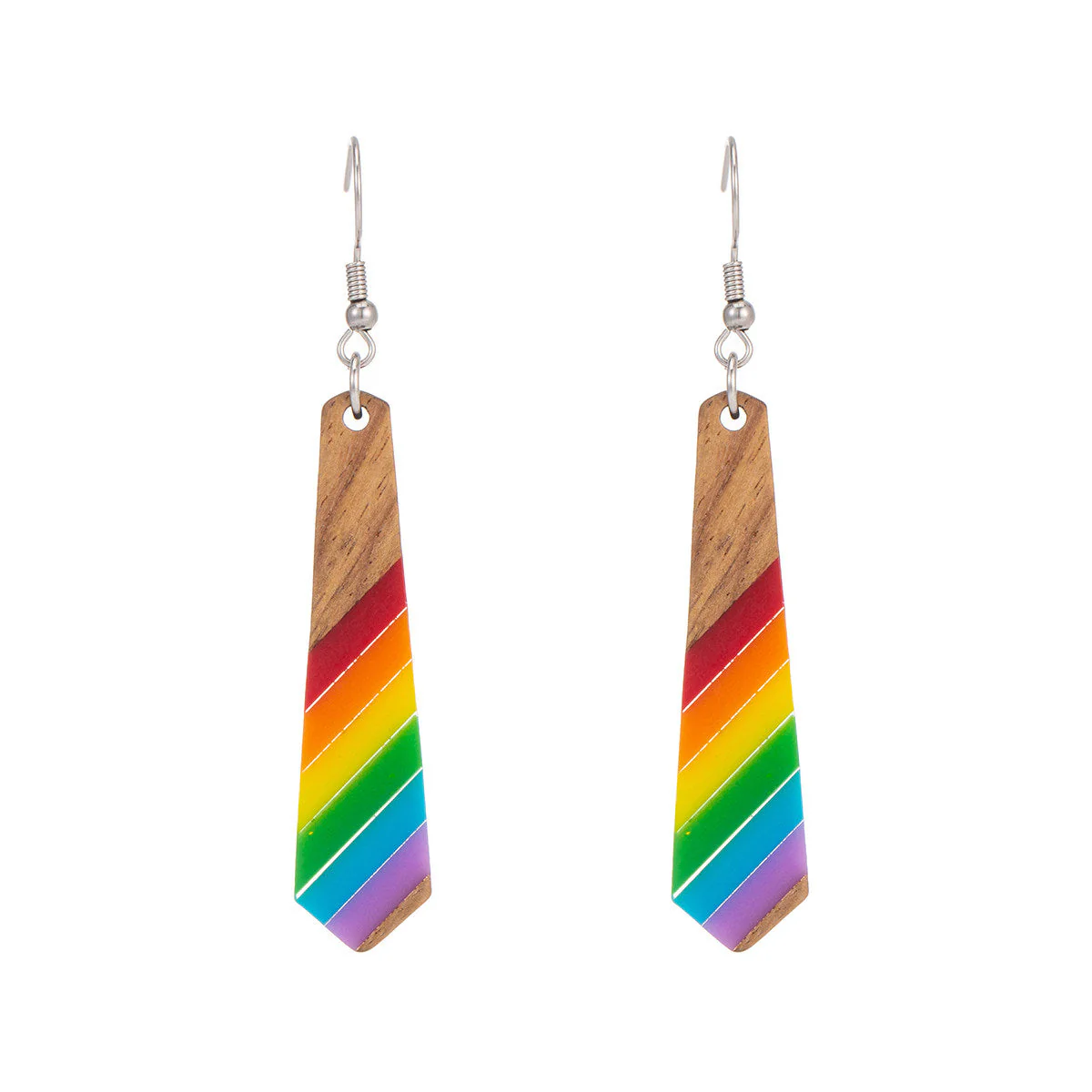 Multi-Colored Resin & Wood Silvertone Stripped Rhombus Hook Earrings