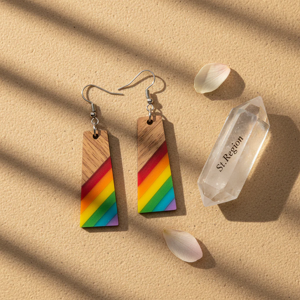 Multi-Colored Resin & Wood Silvertone Stripped Trapezoid Hook Earrings - Image 3
