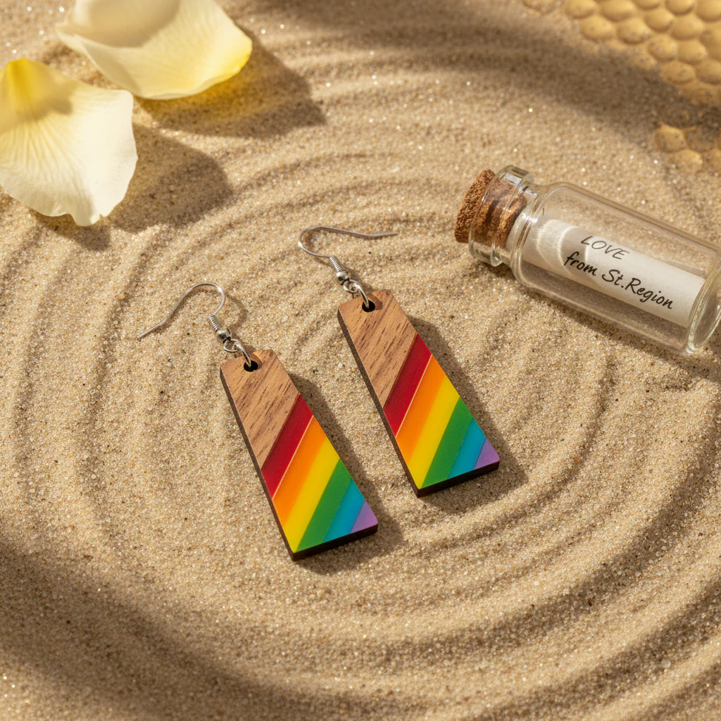 Multi-Colored Resin & Wood Silvertone Stripped Trapezoid Hook Earrings - Image 4
