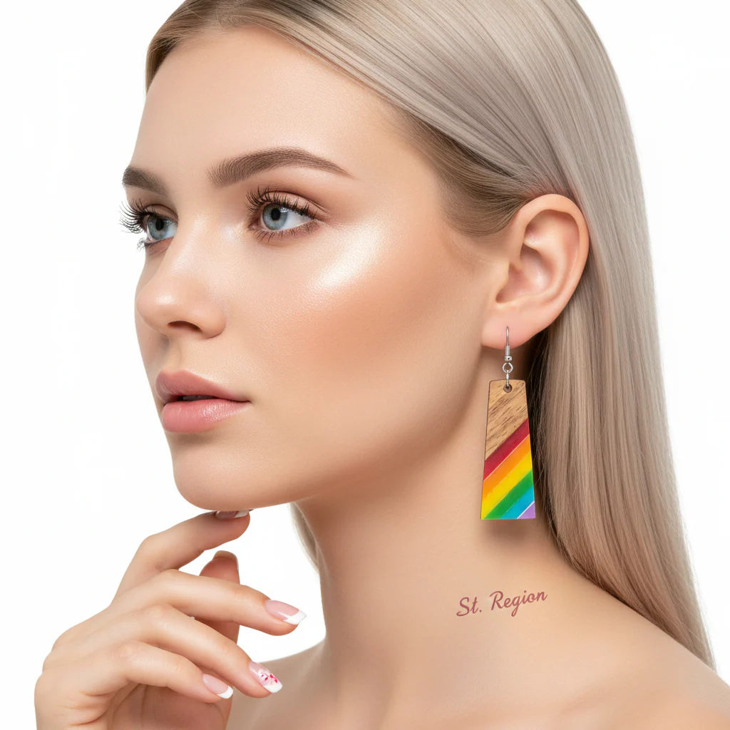 Multi-Colored Resin & Wood Silvertone Stripped Trapezoid Hook Earrings - Image 5