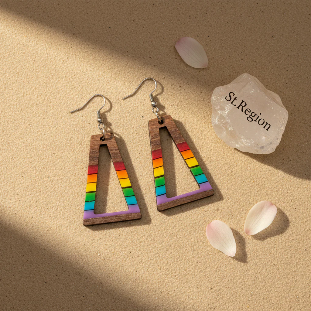 Multi-Colored Resin & Wood Silvertone Open Stripped Trapezoid Hook Earrings - Image 3