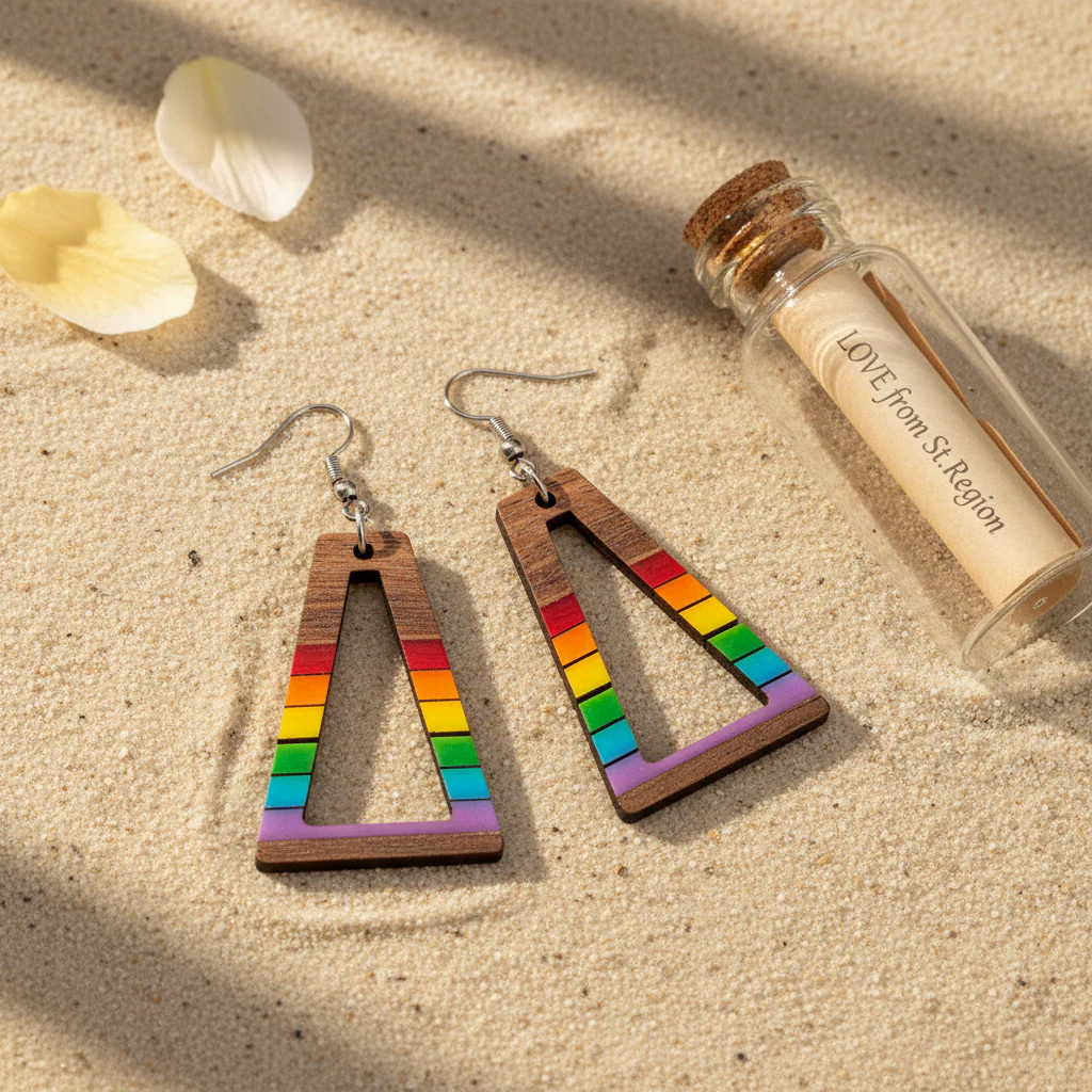 Multi-Colored Resin & Wood Silvertone Open Stripped Trapezoid Hook Earrings - Image 4