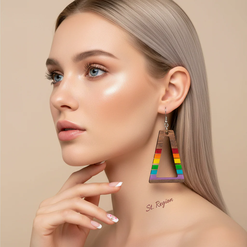 Multi-Colored Resin & Wood Silvertone Open Stripped Trapezoid Hook Earrings - Image 5