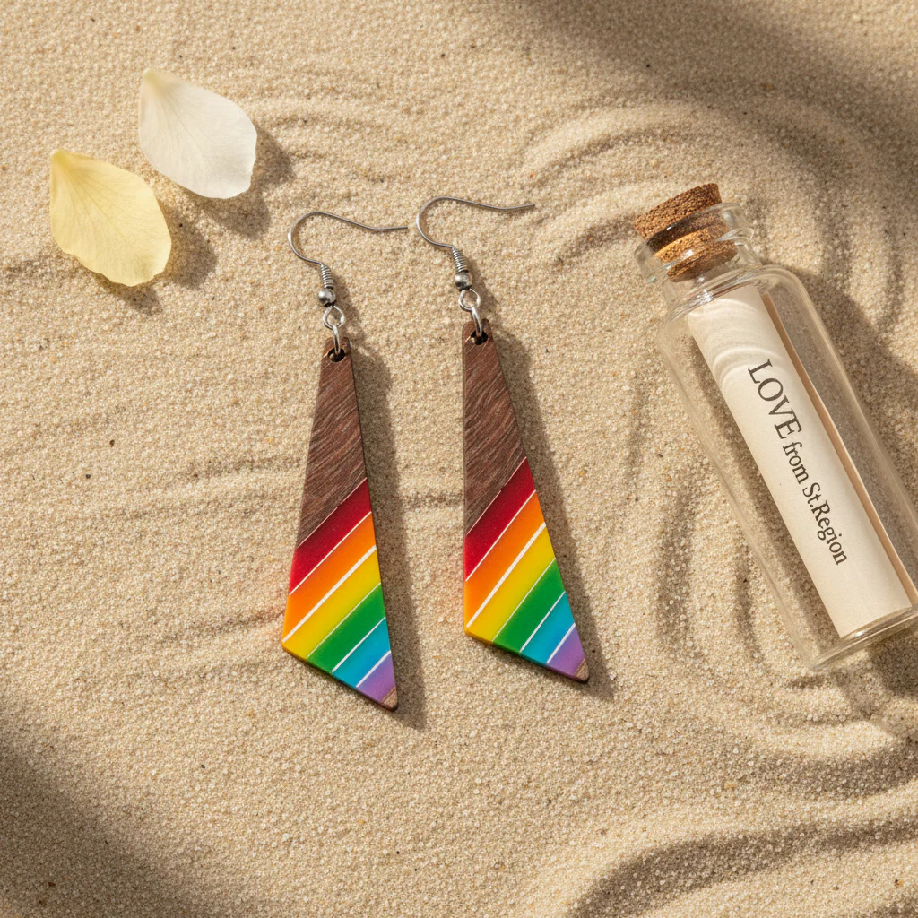 Rainbow Resin & Wood Silvertone Stripped Triangle Hook Earrings - Image 4